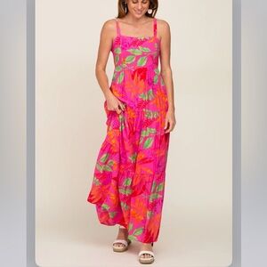 Skies Are Blue Pink Tropical Print Tiered Maxi Dress